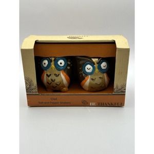 Kmart Be Thankful OWL Salt and Pepper Shakers NIB Lg Fall Harvest Hand Painted